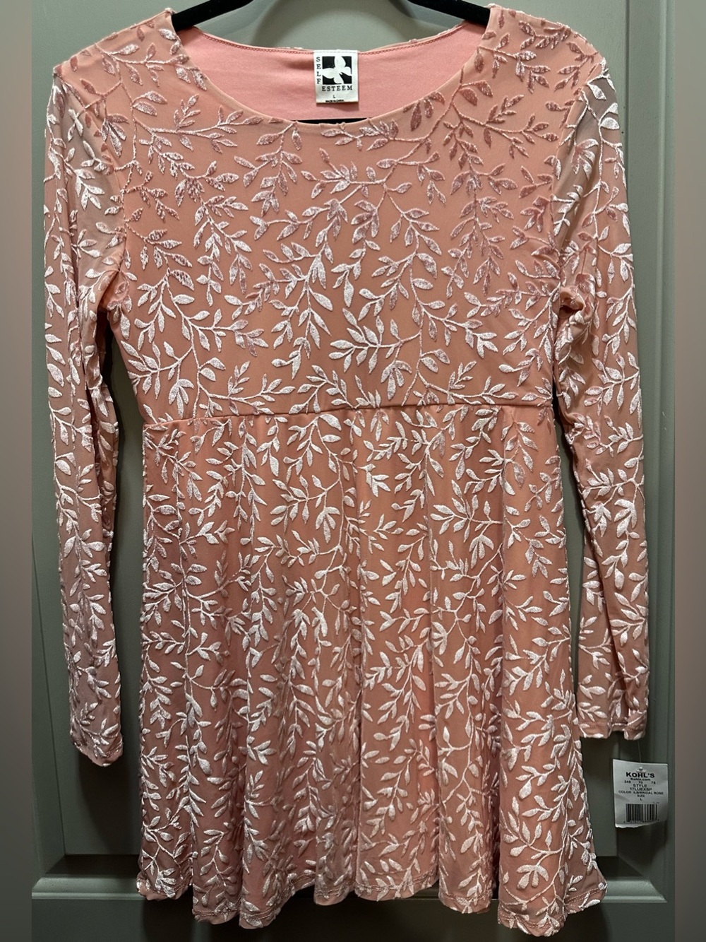 Self Esteem Girls’ Size L Long Sleeve Pink Botanical Print Dress NWT